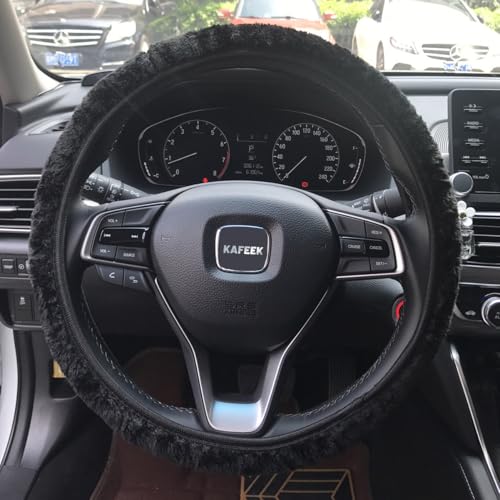 KAFEEK Elastic Long Microfiber Plush Steering Wheel Cover for Winter Warm, Universal 15 inch, Anti-Slip, Odorless, Black - color: Black