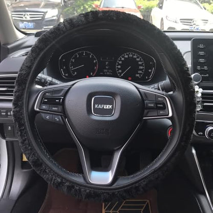 KAFEEK Elastic Long Microfiber Plush Steering Wheel Cover for Winter Warm, Universal 15 inch, Anti-Slip, Odorless, Black - color: Black