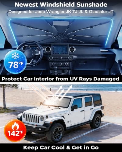 DMJN Umbrella Windshield Sun Shade for Jeep Wrangler JL JK JT TJ (2011-2026), Car Sunshade for Front Windshield [Nano Ice-Crystal Coatings] UPF50+ Heat & UV Block, Protect Interior & Keep Cooler - size: For | Jeep Wrangler Jl Jk Jt Tj (2011-2026)