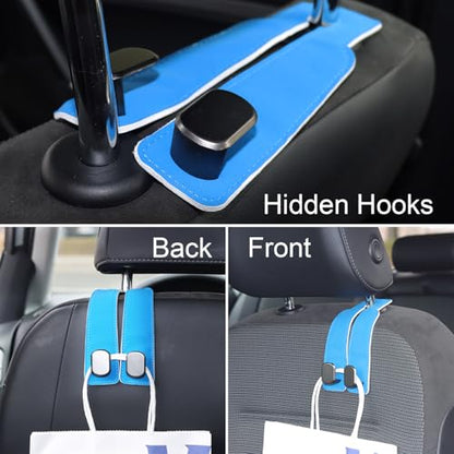 Purse and Bag Hook for Car, Zinc Alloy Seat Headrest Hooks, Upgraded Leather Car Seat Back Purses Hanger and Bags Holder (Blue, 2Pack) - color: Blue