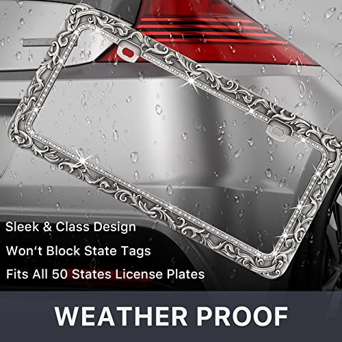 Valor Metal Car License Plate Frames,Antique Old Pattern Printing, Bling Crystal Rhinestones Inlaid,Universal 2 Holes Automotive Replacement Parts Plate Holder(2 Pack) - size: 2 Pack