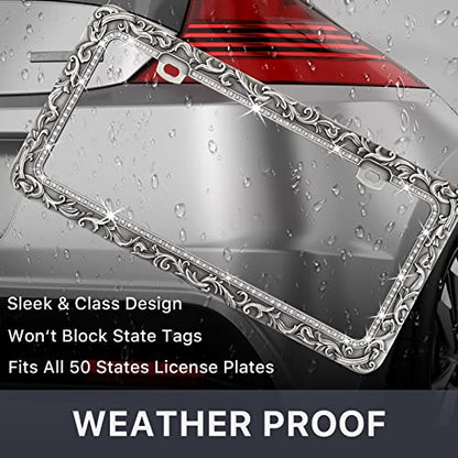 Valor Gel Metal Car License Plate Frames,Antique Old Pattern Printing, Bling Crystal Rhinestones Inlaid,Universal 2 Holes Automotive Replacement Parts Plate Holder(1 Pack) - size: 1 Pack