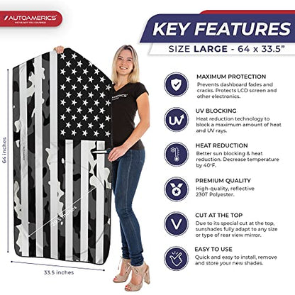 Autoamerics 1-Piece Windshield Sun Shade B&W Camo American Flag USA Design - Foldable Car Front Window Sunshade for Most Sedans SUV Truck - Blocks Max UV Rays and Keeps Your Vehicle Cool - Large - color: USA B&W CAMO FLAG, size: LARGE = 64 x 33.5 inches