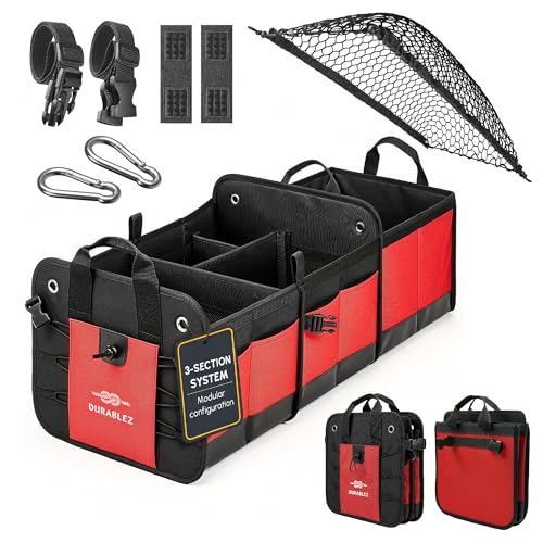 XL Trunk Organizer 3-Section Modular – Extra Large Car Storage for Groceries & Travel Gear, Multi-Compartment Foldable Cargo Bin – Red - color: red, size: 3-section XL