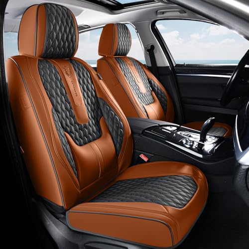 Coverado Front Seat Covers, Car Seat Covers Front Seats, Nappa Leather Seat Covers for Cars, Waterproof Seat Covers with Lumbar Support Universal Fit for Most Cars SUV Trucks (Front, Brown-Black) - color: A/Brown-Black, size: Front