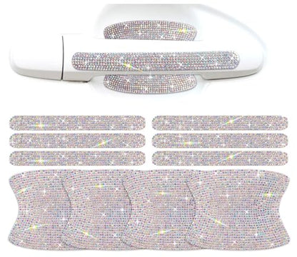 10 Pack Car Rhinestone Bling Door Handle Reflective Trim Stickers Universal Side Rear View Mirror Safety Scratch Resistant Protector Galaxy AB Set