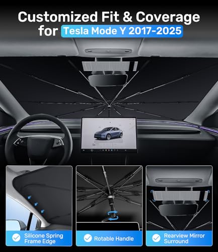 Zanch Upgrade Windshield Sun Shade, Custom Fit for Tesla Mode Y 2017-2026 [Titanium-Silver Reflective Coating] Blocks 99% UV & Heat, Sunshade Umbrella for Model Y 2017 ... 2024 2025 2026 - size: For Tesla Model Y (2017-2026)
