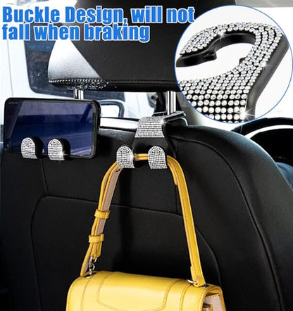 Bling Car Purse Hooks 2Pcs, Durable Car Headrest Hook, Holds 44Lbs, Double-Hooks, Wide-Opening, Rhinestone Automobile Purse Hangers Holder, Bling Car Accessories for Women, White - color: Bling White