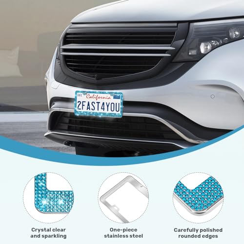QUANQIUFEI 2 Pack Bling License Plate Frames, Sparkly Rhinestone Diamond Car License Plate Cover for Women, Stainless Steel Car Accessories with Glitter Crystal Caps (Blue Zircon) - color: Blue Zircon