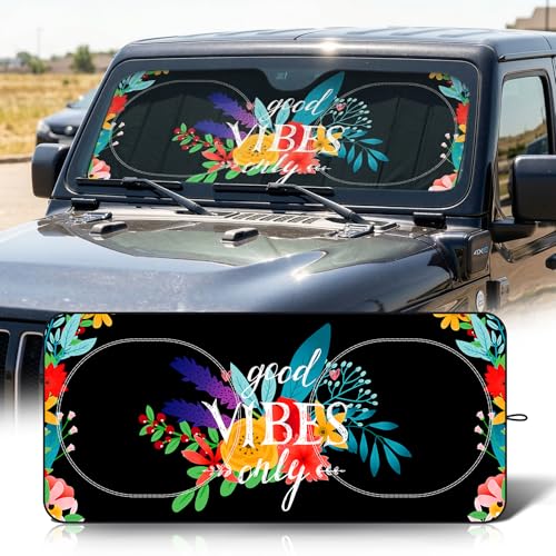 63"x28.5" Car Windshield Sun Shade with Storage Pouch, Stylish Printed Front Window Sunshade with Double Ring Frame, Universal Fit Foldable Heat Blocker & UV Protector for SUV, Sedan (Good Vibes) - color: Good Vibes