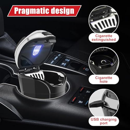 Car Ashtray with Lid, Detachable USB Rechargeable Auto Cigarette Lighter with Blue LED Light, Portable Smell Proof Stainless Car Ash Tray, Mini Automotive Trash Can (Silver) - color: Silver