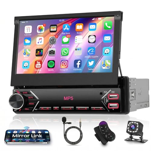 7 inch Single Din Flip Out IPS Touchscreen Car Stereo, 1 Din Car Stereo with Bluetooth Car Audio Receivers, Backup Camera, FM Radio/Mirror Link/USB/AUX/TF/Type-C Fast Charging - style: 7 inch+Mirror Link