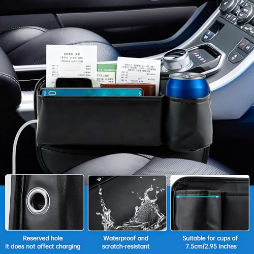 2 Pack Car Seat Gap Filler Organizer, Leather Seat Gap Bag with Cup Holder (3.14 inch) & 4 Hooks, Anti-Slip Flannel Lined Storage Box for Phone, Keys, Wallet, Fit Most Cars