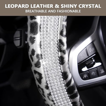 AUTOYOUTH Leopard Steering Wheel Cover - Bling Crystal Rhinestones Cheetah Print on Leather Non-Slip Breathable Design for Women/Girls Universal Fit 14.5-15 Inch(Black & Silver) - color: BLACK SILVER