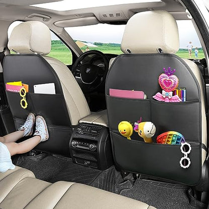 2 Pack PU Leather Kick Mat Back Seat Protector With 3 Storage Pockets, Universal Car Seat Back Organizer For Kids Pets, Waterproof Backseat Protector For Most Car (Black)