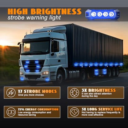 4PCS 4-LED Emergency Strobe Lights Ultra Slim Grille Surface Mount Flashing Warning Lights Bar for Construction Vehicles, Police, Trucks, Firefighter, Car, ATV, SUV (Blue) Sync Feature - color: Blue