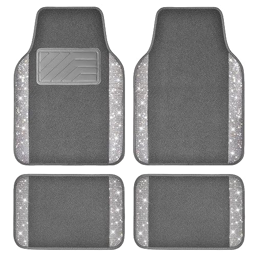 CAR PASS Bling Diamond Car Mats Shining Carpet Crystal Rhinestones Sparkly Glitter Floor Mats with Anti-Slip PVC Heel Pad Universal Fit for Automotive SUV, Sedan, Car, Van, 4pcs for Girl Women, Gray - color: Gray