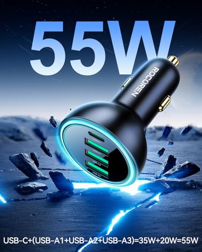 Rocoren 4-Port 55W Car Charger, PD3.0 QC3.0 Super Fast Charging USB C Car Charger for Multiple Devices, Cigarette Lighter Adapter for iPhone 17/16/15/14 Series, iPad Pro, Samsung S25/S24 Ultra, Pixel