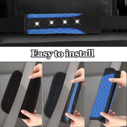 Hovom 2PCS Bling Car Seat Belt Cover Pad, Leather Seatbelt Covers for Cars, Soft Safety Seatbelt Shoulder Strap Covers, Rhinestone Auto Seat Belt Protector Cushion for Women Girls (Blue) - color: Blue