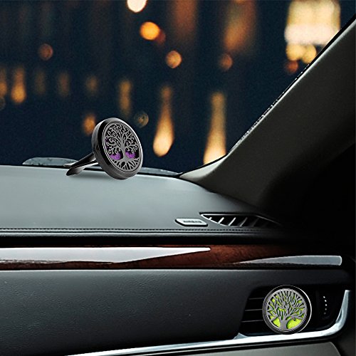 RoyAroma 2PCS Tree of Life Car Diffuser Aromatherapy Essential Oil Black Stainless Steel Locket with Vent Clip 12 Felt Pads - color: Black B