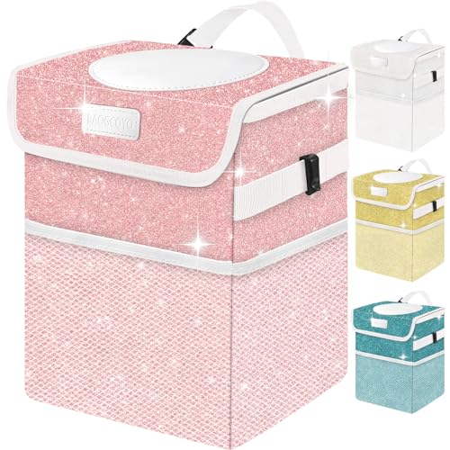 Cute Mini Car Trash Bag with Lid, Glitter Garbage Can Bin Hanging for Back/Front Seat/Console, Waterproof, Leakproof, 2.5 Gallon, Pink Bling Sparkly - color: Pink Bling Sparkly