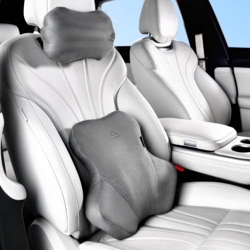 Coverado Car Lumbar Support Pillow and Car Neck Pillow Kit, Ergonomic Design Car Headrest Pillow for Driving, Relax Back Head Muscles Relieve Driving Fatigue, Breathable & Removable Cover, Gray - color: Gray, size: Neck + Lower Back Support