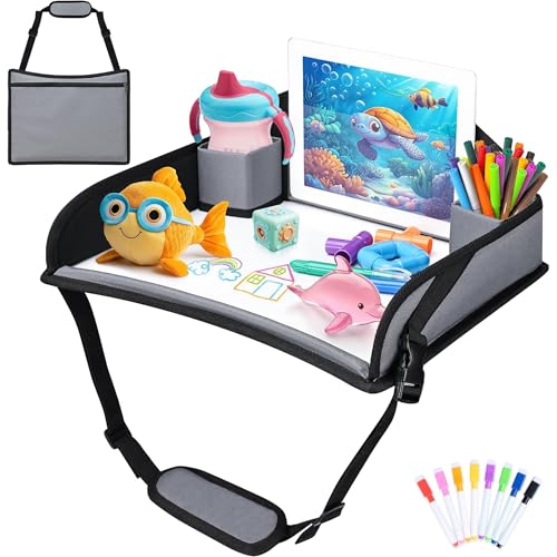 Kids Travel Tray for Toddler Carseat, Road Trip Activities Essentials for Toddler, Kids Lap Desk Tray with Tablet Holder Stand ＆ Dry Erase Board (Grey) - color: Grey