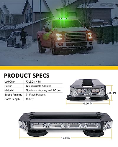 LUMENIX Rooftop Strobe Beacon Lights Bar White Green LED Emergency Caution Traffic Lightbar with Heavy-Duty Magnetic Safety Warning Flashing Light for POV Law Enforcement Vehicles Tow Trucks Snowplow - color: White&Green