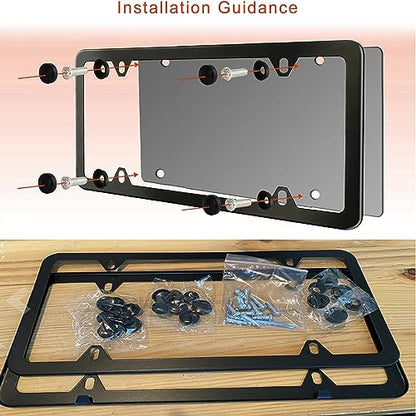License Plate Frames Black, 2 Pcs 4 Holes Car Licenses Plate Covers Stainless Steel Holders Frame for Plates with Screw Caps.