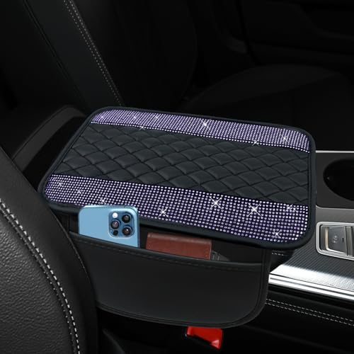 Bling Leather Car Center Console Cover, 12.2"×7.48" Crystal Rhinestone Automotive Arm Rest Cover with Side Pockets, Universal Vehicle Armrest Protector, Interior Car Accessories (Purple) - color: Purple