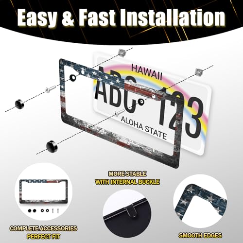 Retro American Flag License Plate Frame Patriotic Flag License Plate Holders American Funny Stainless Steel Car Bracket 2 Hole with Screws Universal Auto Accessory License Plate Frames 6.2x12.2 Inch - color: Funny American flag Retro Flag