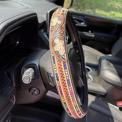 Western Cowboy Steering Wheel Cover Leather, Retro Car Tooled Leather Steering Wheel Cover, Embossed Hand-Painted Universal Anti-Slip - color: E Color