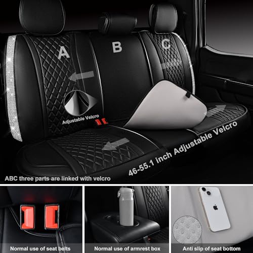 CAR PASS Bling Leather Car Seat Covers & Black Nappa Leather Calfskin Seat Cushioned Protector, Waterproof Anti-Slip Universal Fit SUV Truck Sedan, Glitter Sparkly Shining Rhinestone, Silver Diamond - color: Black and Silver Diamond, size: Full Set