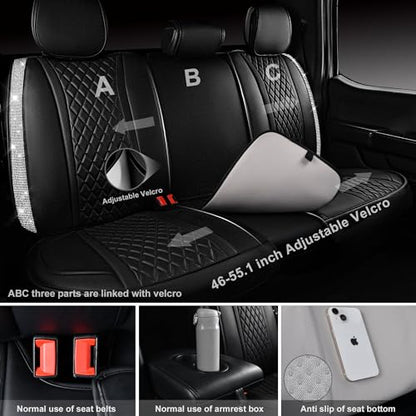 CAR PASS Bling Leather Car Seat Covers & Black Nappa Leather Calfskin Seat Cushioned Protector, Waterproof Anti-Slip Universal Fit SUV Truck Sedan, Glitter Sparkly Shining Rhinestone, Silver Diamond - color: Black and Silver Diamond, size: Full Set