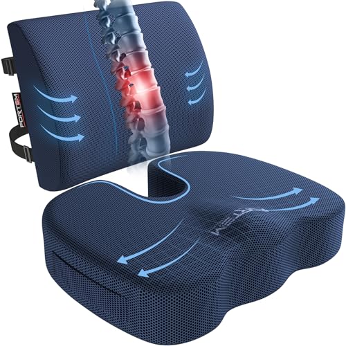 FORTEM Seat Cushion, Office Chair Cushion, Lumbar Support Pillow for Office Chair, Memory Foam Sciatica Coccyx Tailbone Pressure Pain Relief, Car Sitting Pad, Washable Non Slip, XL - color: Blue Mesh, size: X-Large