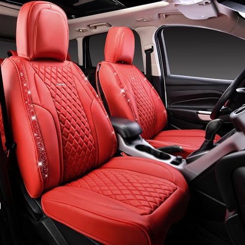 CAR PASS Nappa Leather Bling Diamond Car Seat Covers Full Set Universal Cushioned, Waterproof Heavy-Duty Anti-Slip Luxury Leather, Fit for SUV Sedan, Sparkly Glitter Shining Crystal Red Rhinestones - color: Red Diamond, size: Full Set