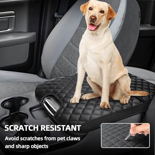 Center Console Cover Compatible with 2013-2018 Dodge Ram 1500 & 2013-2024 Ram 2500/3500/1500 Classic Model for Jump Seat Console, Comfortable Leather Middle Console Cover Lid with Pocket - style: A: Jump Seat Console 2013-2018 Ram Black Leather（with 2 Fro