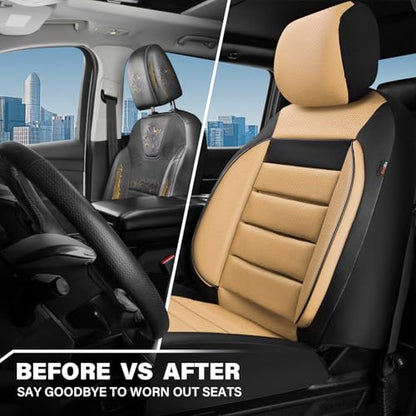 CAR PASS Faux Leather Car Seat Covers Front Seats Only, 3D Foam Support Car Seat Covers, Universal fit for Trucks Vans SUVs Sedans Automotive Comfortable, Airbag Compatible 2 Pieces Front Black Beige - color: Black and Beige Front