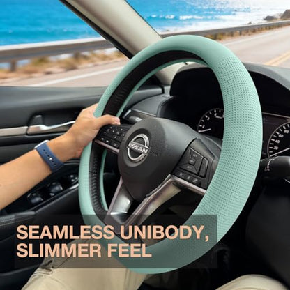 PINCTROT D Shaped Nappa Leather Steering Wheel Cover, Slim Fit No Bulk Design, One Piece Leather with Breathable Perforation, Fit Like Gloves, Flat Bottom 14.5-15 Inch(Nappa Mint) - color: 09.Mint, size: D Shaped/Flat Bottom[14 1/2''-15'']