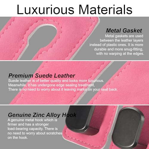 Purse and Bag Hook for Car, Zinc Alloy Seat Headrest Hooks, Upgraded Leather Cute Car Seat Back Purses Hanger and Bags Holder (Pink, 2Pack) - color: Pink