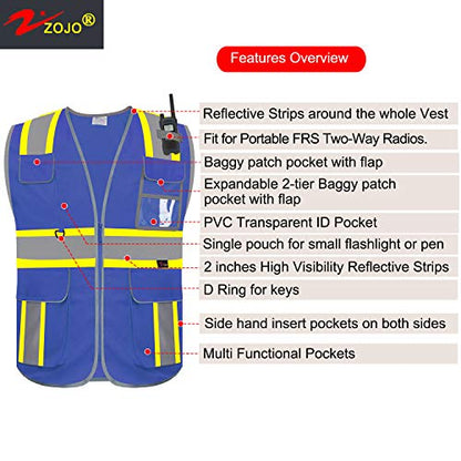 zojo High Visibility Safety Vest, 5PCS,Reflective with Multi-Functional Pockets and Zipper,for Men Women work(Blue-Strip) - color: Blue-strip