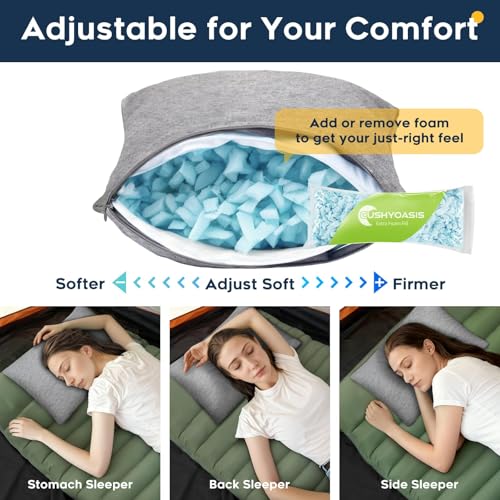 CushyOasis All-in-1 Camping Pillow Set - Shredded Memory Foam Neck Pillow Travel Pillow with Eye Mask, Earplugs, Washable Cover, Compact for Backpacking, Camping, Flights, Car Travel (Medium Size) - size: Medium