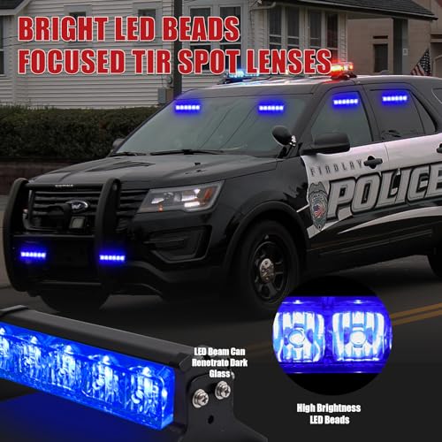 2X 6.1 inch Emergency Strobe Lights Blue 12 LED Hazard Warning Flashing Safety Dash Front/Rear Windshield Lights Grill Surface Mount for Police Firefighter Ambulance Vehicles Trucks Car - color: Blue