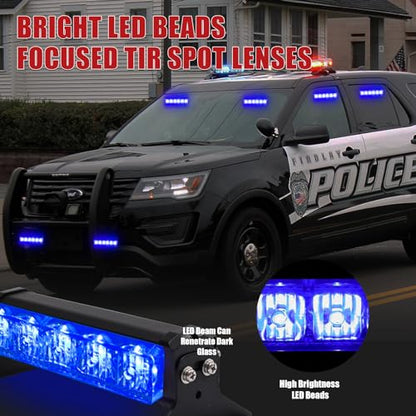 2X 6.1 inch Emergency Strobe Lights Blue 12 LED Hazard Warning Flashing Safety Dash Front/Rear Windshield Lights Grill Surface Mount for Police Firefighter Ambulance Vehicles Trucks Car - color: Blue