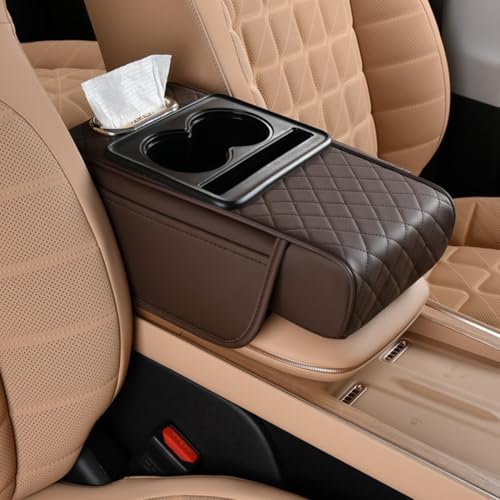 Car Armrest Cushion,5-in-1 Center Console Cover with 2 Storage Bags Cup Holder, Tissue Box Slot, Phone Slot for Sedans, Car Accessories Interior Organizers (coffee) - color: Coffee