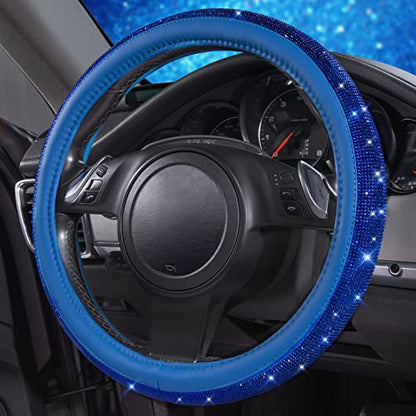 CAR PASS Bling Diamond Leather Steering Wheel Cover, with Bling Sparkly Crystal Glitter Rhinestones Universal Fit 14" 1/2-15" Car Wheel Protect for Women Girl Fit Suvs,Vans,Sedans,Cars,Trucks, Blue - color: Blue Leather Diamond