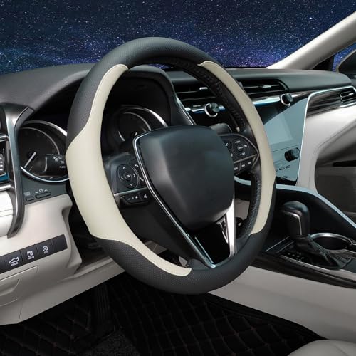 Steering Wheel Cover Standard Size Medium 14.5-15 inch, Breathable Microfiber Leather, Anti-Slip, Soft Grip, Universal Fit for Cars SUVs Trucks, Black and Creamy White - color: Black and Creamy White