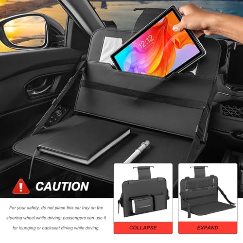 Car Steering Wheel Tray, Foldable Car Laptop Desk Eating Food Tray with Transparent Holder & Tissue Box, Adjustable Back Seat Headrest Table for in-Car Dining Working Studying (Beige) - color: Beige