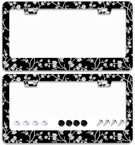 2 Pcs Black White Wild Flowers License Plate Frames - 2 Holes Stainless Steel Metal Auto Car Accessories Decoration License Plate Frame Cover Size 6.3" x 12.2" Fit US Vehicles for Women Men Gift - color: Line Art Flowers