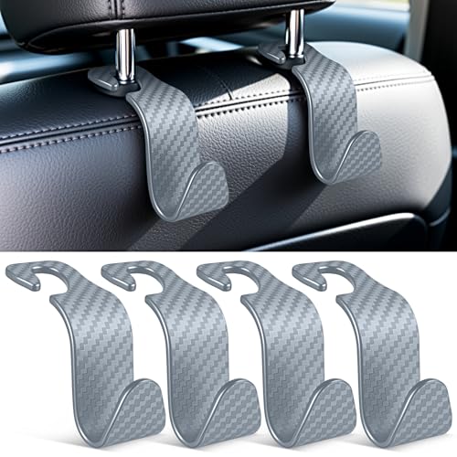 SINGARO Universal 4 Pack Car Seat Headrest Purse Hook, Carbon Fiber Back Seat Hook Storage Organizer Hanger for Purse Handbag Coat, Car Interior Accessories(Gray) - color: Grey, size: 4pc